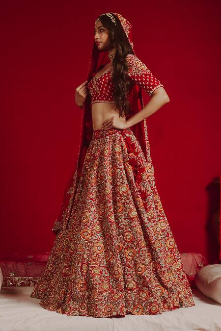 Aangan By Parul Red Cotton, Raw Silk, Organza Satin Floral Leaf Embroidered Bridal Lehenga Set Online at Aza Fashions Aangan By Parul_Red Cotton, Raw Silk, Organza Satin Floral Leaf Embroidered Bridal Lehenga Set _Online_at_Aza_Fashions