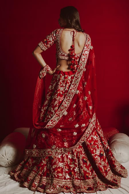 Shop_Aangan By Parul_Red Cotton, Raw Silk, Net, Satin Floral Scoop Embroidered Bridal Lehenga Set _at_Aza_Fashions