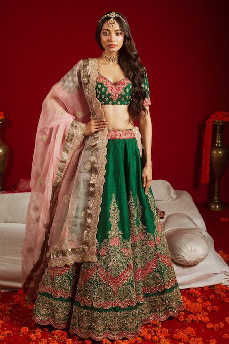 Aangan By Parul Green Cotton, Organza, Satin, Rawsilk Floral Leaf Embroidered Bridal Lehenga Set 