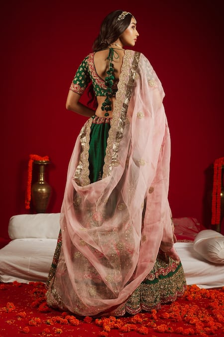Shop Aangan By Parul Green Cotton, Organza, Satin, Rawsilk Floral Leaf Embroidered Bridal Lehenga Set at Aza Fashions Shop_Aangan By Parul_Green Cotton, Organza, Satin, Rawsilk Floral Leaf Embroidered Bridal Lehenga Set _at_Aza_Fashions