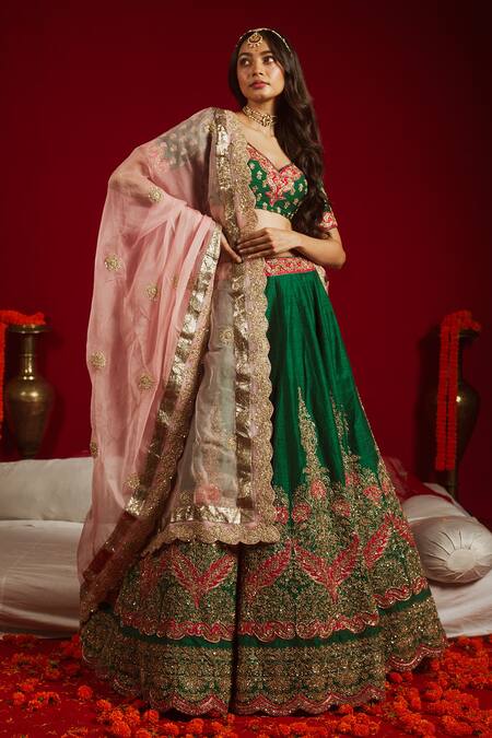 Aangan By Parul Green Cotton, Organza, Satin, Rawsilk Floral Leaf Embroidered Bridal Lehenga Set Online at Aza Fashions Aangan By Parul_Green Cotton, Organza, Satin, Rawsilk Floral Leaf Embroidered Bridal Lehenga Set _Online_at_Aza_Fashions