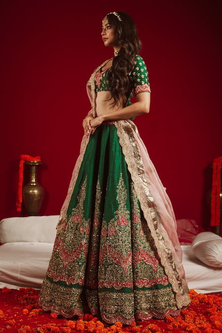 Buy Aangan By Parul Green Cotton, Organza, Satin, Rawsilk Floral Leaf Embroidered Bridal Lehenga Set Online at Aza Fashions Buy_Aangan By Parul_Green Cotton, Organza, Satin, Rawsilk Floral Leaf Embroidered Bridal Lehenga Set _Online_at_Aza_Fashions