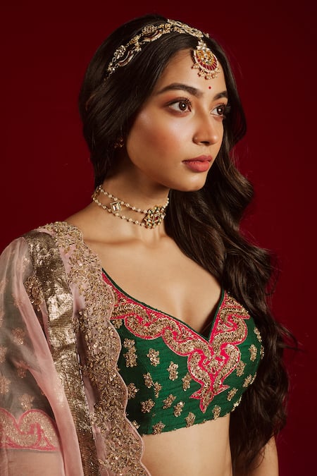 Aangan By Parul Green Cotton, Organza, Satin, Rawsilk Floral Leaf Embroidered Bridal Lehenga Set at Aza Fashions Aangan By Parul_Green Cotton, Organza, Satin, Rawsilk Floral Leaf Embroidered Bridal Lehenga Set _at_Aza_Fashions