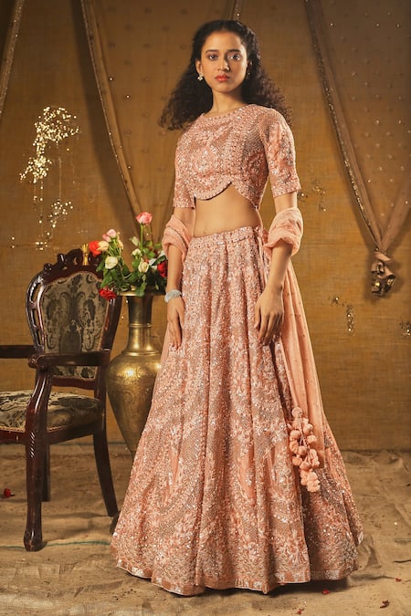 Aangan by Parul Pink Satin Organza Embroidered Bead Work Round Neck Bridal Lehenga Set  