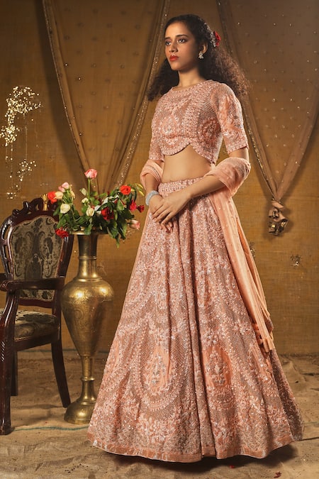 Shop Aangan By Parul Pink Cotton, Satin Organza Bead Work Round Neck Embroidered Bridal Lehenga Set at Aza Fashions Shop_Aangan By Parul_Pink Cotton, Satin Organza Bead Work Round Neck Embroidered Bridal Lehenga Set _at_Aza_Fashions
