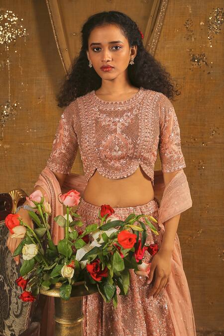 Aangan By Parul Pink Cotton, Satin Organza Bead Work Round Neck Embroidered Bridal Lehenga Set Online at Aza Fashions Aangan By Parul_Pink Cotton, Satin Organza Bead Work Round Neck Embroidered Bridal Lehenga Set _Online_at_Aza_Fashions