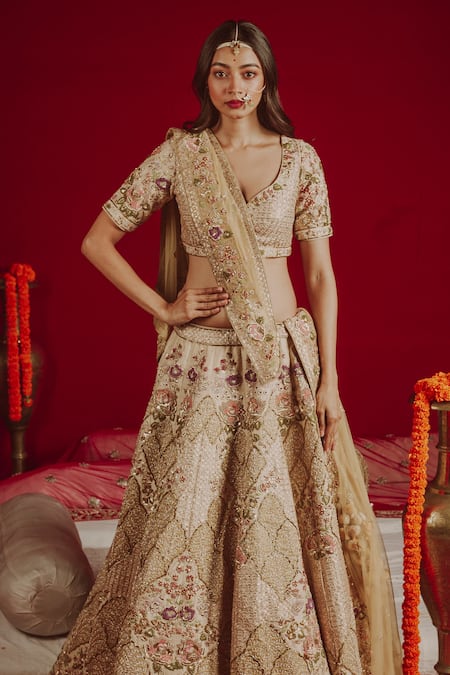 Shop Aangan By Parul Gold Cotton, Net, Satin, Pure Silk Gota, Resham And Embroidered Bridal Lehenga Set at Aza Fashions Shop_Aangan By Parul_Gold Cotton, Net, Satin, Pure Silk Gota, Resham And Embroidered Bridal Lehenga Set _at_Aza_Fashions