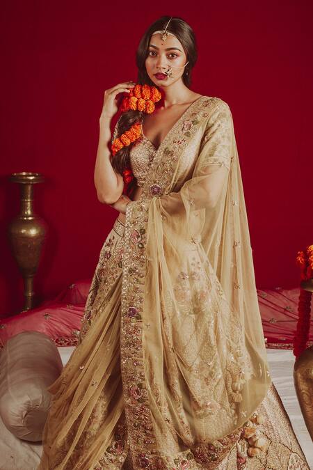 Aangan By Parul Gold Cotton, Net, Satin, Pure Silk Gota, Resham And Embroidered Bridal Lehenga Set Online at Aza Fashions Aangan By Parul_Gold Cotton, Net, Satin, Pure Silk Gota, Resham And Embroidered Bridal Lehenga Set _Online_at_Aza_Fashions