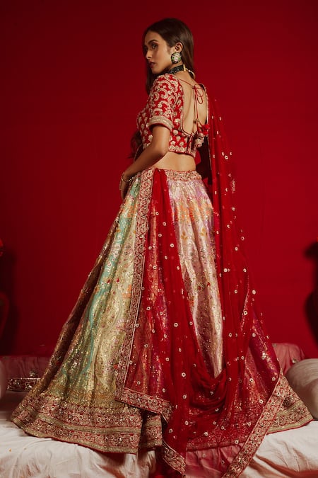 Shop_Aangan by Parul_Multi Color Pure Silk Embroidered Floral Leaf Neck Bridal Lehenga Set _at_Aza_Fashions