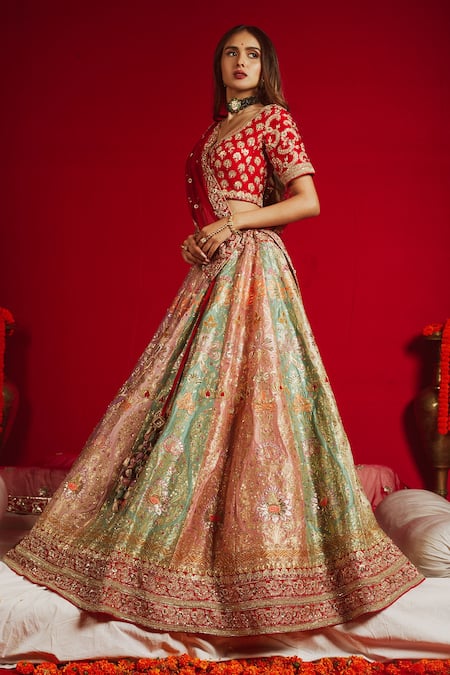 Aangan by Parul_Multi Color Pure Silk Embroidered Floral Leaf Neck Bridal Lehenga Set _Online_at_Aza_Fashions