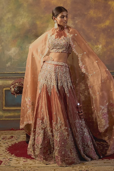 Aangan by Parul Gold Organza Satin Embroidered Floral Round Neck Bridal Lehenga Set  