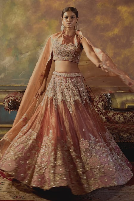 Shop Aangan By Parul Gold Cotton, Organza Satin Floral Round Neck Embroidered Bridal Lehenga Set at Aza Fashions Shop_Aangan By Parul_Gold Cotton, Organza Satin Floral Round Neck Embroidered Bridal Lehenga Set _at_Aza_Fashions