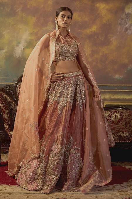 Aangan By Parul Gold Cotton, Organza Satin Floral Round Neck Embroidered Bridal Lehenga Set Online at Aza Fashions Aangan By Parul_Gold Cotton, Organza Satin Floral Round Neck Embroidered Bridal Lehenga Set _Online_at_Aza_Fashions