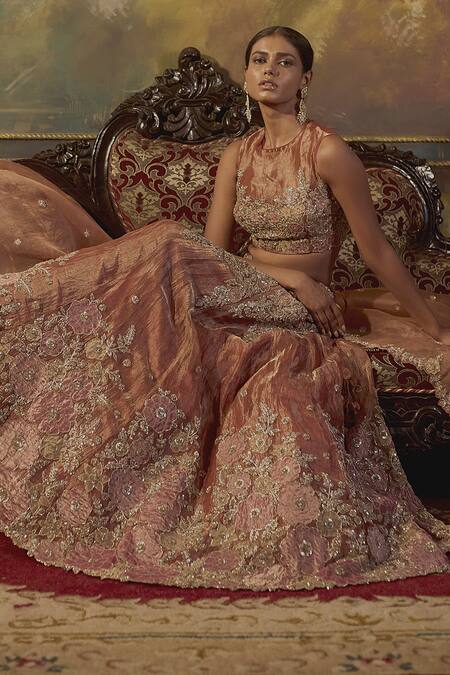 Buy Aangan By Parul Gold Cotton, Organza Satin Floral Round Neck Embroidered Bridal Lehenga Set Online at Aza Fashions Buy_Aangan By Parul_Gold Cotton, Organza Satin Floral Round Neck Embroidered Bridal Lehenga Set _Online_at_Aza_Fashions