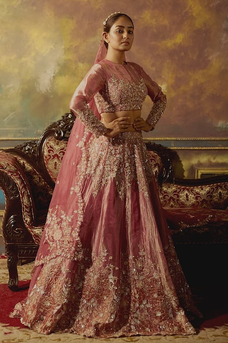 Shop Aangan By Parul Pink Cotton, Tissue Organza Satin Floral Round Embroidered Bridal Lehenga Set at Aza Fashions Shop_Aangan By Parul_Pink Cotton, Tissue Organza Satin Floral Round Embroidered Bridal Lehenga Set _at_Aza_Fashions