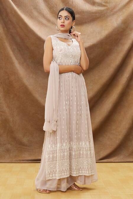 Adara Khan_Peach Georgette Floral, Sequin Leaf Neck Embroidered Anarkali Palazzo Set_Online_at_Aza_Fashions