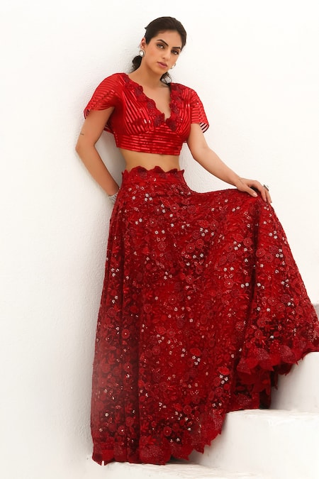 Shop Akanksha Mago Red Net Organza Satin Floral, Sequin V Bela Embellished Lehenga And Crop Top Set at Aza Fashions Shop_Akanksha Mago_Red Net Organza Satin Floral, Sequin V Bela Embellished Lehenga And Crop Top Set _at_Aza_Fashions