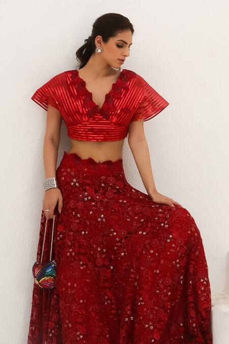 Akanksha Mago Red Net Organza Satin Floral, Sequin V Bela Embellished Lehenga And Crop Top Set at Aza Fashions Akanksha Mago_Red Net Organza Satin Floral, Sequin V Bela Embellished Lehenga And Crop Top Set _at_Aza_Fashions