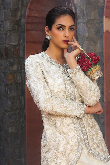 Shop Akanksha Mago Ivory Net Heavy Organza Satin Crystal, Crescent Embroidered Jacket And Lehenga Set at Aza Fashions Shop_Akanksha Mago_Ivory Net Heavy Organza Satin Crystal, Crescent Embroidered Jacket And Lehenga Set _at_Aza_Fashions