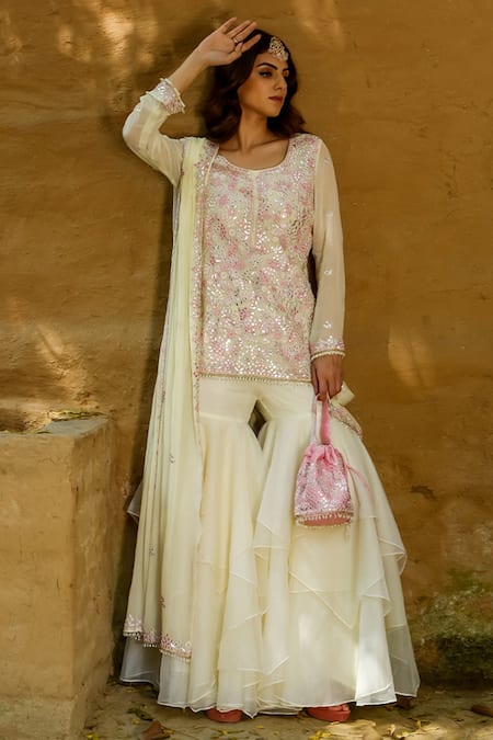 Akanksha Mago Yellow Organza, Georgette Floral, Resham Round Zoya Embroidered Kurta Set 