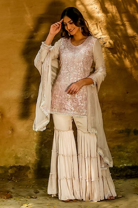 Shop Akanksha Mago Beige Georgette Floral, Resham Round Faiza Embroidered Kurta Set at Aza Fashions Shop_Akanksha Mago_Beige Georgette Floral, Resham Round Faiza Embroidered Kurta Set _at_Aza_Fashions