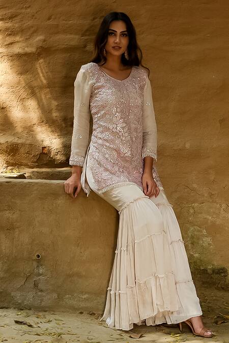 Buy Akanksha Mago Beige Georgette Floral, Resham Round Faiza Embroidered Kurta Set Online at Aza Fashions Buy_Akanksha Mago_Beige Georgette Floral, Resham Round Faiza Embroidered Kurta Set _Online_at_Aza_Fashions