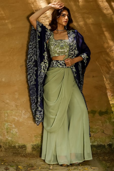 Akanksha Mago Blue Organza, Georgette Floral, Resham, Alina Embroidered Cape And Sharara Set 