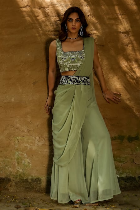 Shop Akanksha Mago Blue Organza, Georgette Floral, Resham, Alina Embroidered Cape And Sharara Set at Aza Fashions Shop_Akanksha Mago_Blue Organza, Georgette Floral, Resham, Alina Embroidered Cape And Sharara Set _at_Aza_Fashions