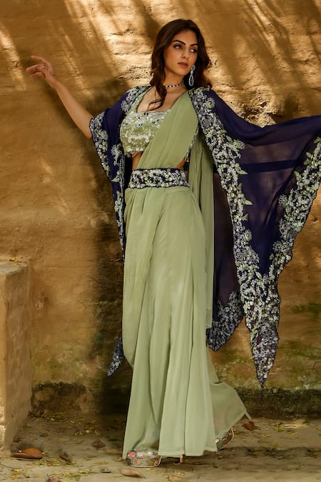 Akanksha Mago Blue Organza, Georgette Floral, Resham, Alina Embroidered Cape And Sharara Set Online at Aza Fashions Akanksha Mago_Blue Organza, Georgette Floral, Resham, Alina Embroidered Cape And Sharara Set _Online_at_Aza_Fashions