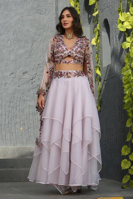 Akanksha Mago_Purple Organza Floral, Sequin, Swarovski Adira Embroidered Cape And Skirt Set _Online_at_Aza_Fashions