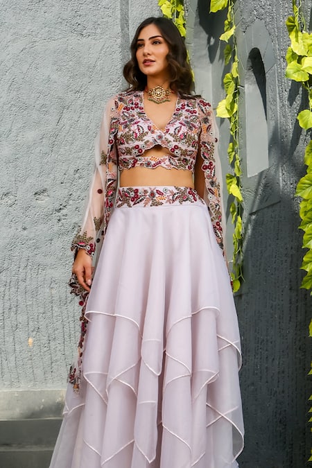 Buy Akanksha Mago Purple Organza Floral, Sequin, Swarovski Adira Embroidered Cape And Skirt Set Online at Aza Fashions Buy_Akanksha Mago_Purple Organza Floral, Sequin, Swarovski Adira Embroidered Cape And Skirt Set _Online_at_Aza_Fashions