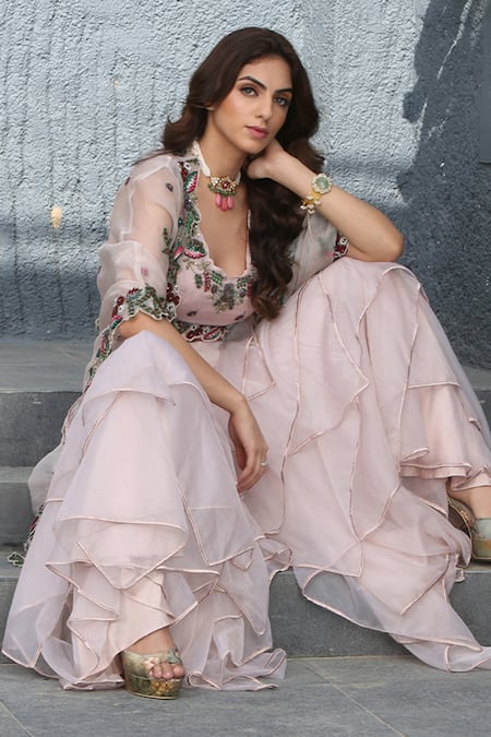 Akanksha Mago Peach Organza Resham, Sequin, Swarovski Serena Embroidered And Gharara Set Online at Aza Fashions Akanksha Mago_Peach Organza Resham, Sequin, Swarovski Serena Embroidered And Gharara Set _Online_at_Aza_Fashions