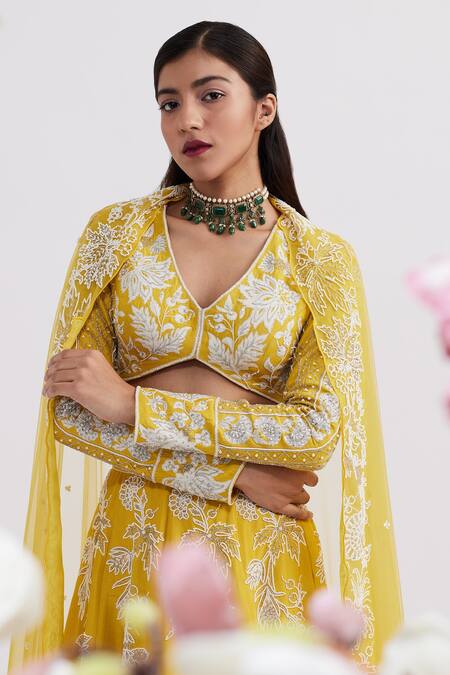 Buy_Vaishali Agarwal_Yellow Blouse Silk, Dupatta Tulle, Lehenga Embroidered Set _Online_at_Aza_Fashions