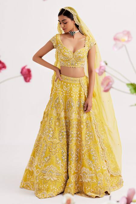 Vaishali Agarwal_Yellow Raw Silk, Dupatta Organza Pearl, Floral Embroidered Bridal Lehenga Set _Online_at_Aza_Fashions