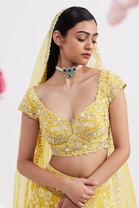 Buy_Vaishali Agarwal_Yellow Raw Silk, Dupatta Organza Pearl, Floral Embroidered Bridal Lehenga Set _Online_at_Aza_Fashions