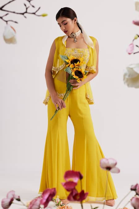 Vaishali Agarwal Yellow Blouse Semi Raw Silk, Jacket Organza, Pants Embroidered And Flared Set