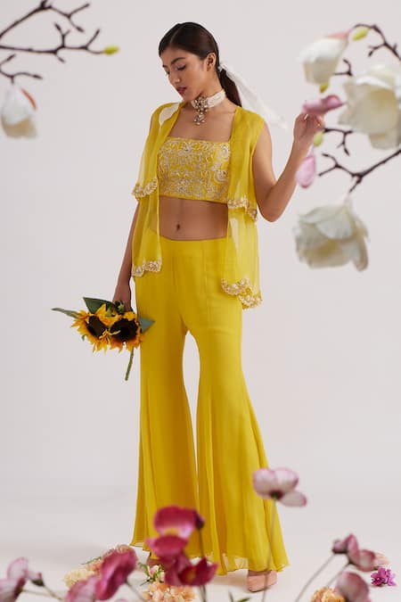 Shop Vaishali Agarwal Yellow Blouse Semi Raw Silk, Jacket Organza, Pants Embroidered And Flared Set at Aza Fashions Shop_Vaishali Agarwal_Yellow Blouse Semi Raw Silk, Jacket Organza, Pants Embroidered And Flared Set _at_Aza_Fashions