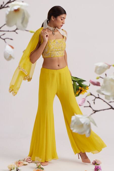 Vaishali Agarwal Yellow Blouse Semi Raw Silk, Jacket Organza, Pants Embroidered And Flared Set Online at Aza Fashions Vaishali Agarwal_Yellow Blouse Semi Raw Silk, Jacket Organza, Pants Embroidered And Flared Set _Online_at_Aza_Fashions