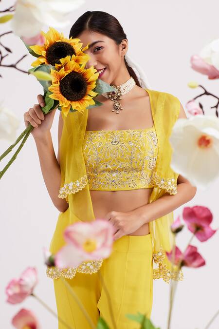 Buy Vaishali Agarwal Yellow Blouse Semi Raw Silk, Jacket Organza, Pants Embroidered And Flared Set Online at Aza Fashions Buy_Vaishali Agarwal_Yellow Blouse Semi Raw Silk, Jacket Organza, Pants Embroidered And Flared Set _Online_at_Aza_Fashions