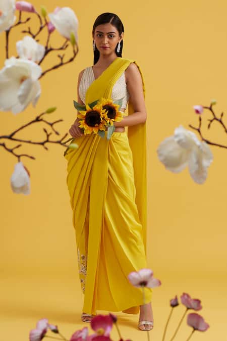 Shop_Vaishali Agarwal_Yellow Blouse Tulle, Drape Habutai Silk, Pants Raw Pre-pleated Saree With _at_Aza_Fashions