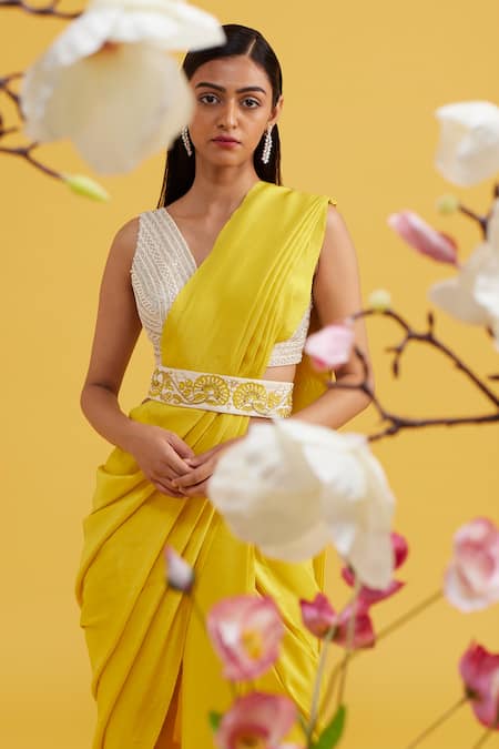 Vaishali Agarwal_Yellow Blouse Tulle, Drape Habutai Silk, Pants Raw Pre-pleated Saree With _Online_at_Aza_Fashions