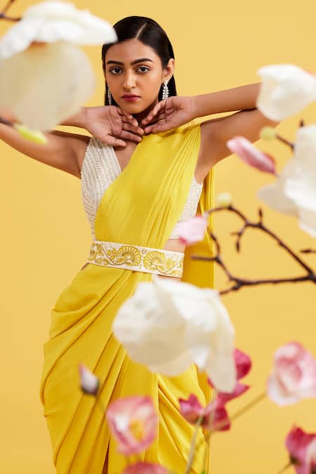 Buy_Vaishali Agarwal_Yellow Blouse Tulle, Drape Habutai Silk, Pants Raw Pre-pleated Saree With _Online_at_Aza_Fashions