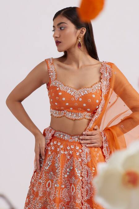 Vaishali Agarwal_Orange Raw Silk, Dupatta Organza Pearl, Floral Embroidered Bridal Lehenga Set _Online_at_Aza_Fashions
