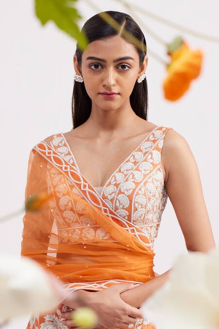 Vaishali Agarwal_Orange Dupatta Organza, Lehenga And Blouse Raw Silk Floral V Embroidered Set _Online_at_Aza_Fashions