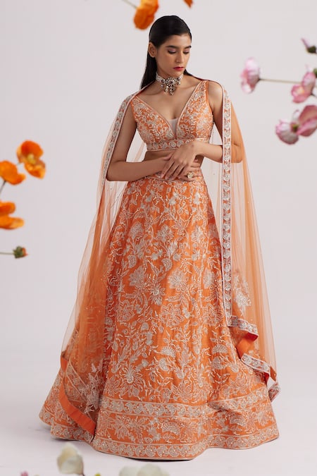 Shop_Vaishali Agarwal_Orange Dupatta Tulle, Lehenga And Blouse Raw Silk Floral, Embroidered Set _at_Aza_Fashions
