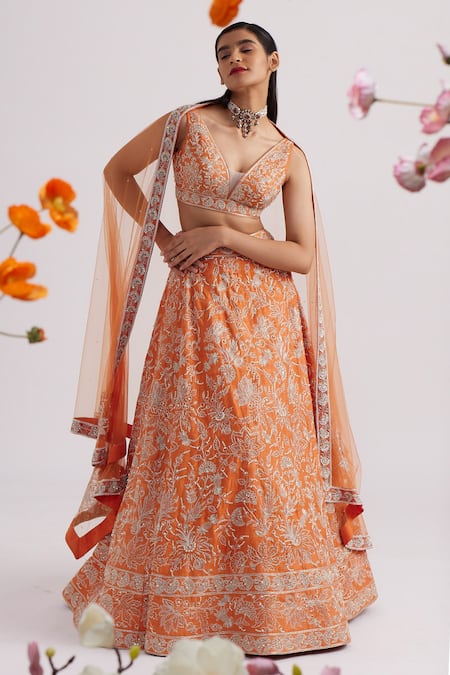 Buy_Vaishali Agarwal_Orange Dupatta Tulle, Lehenga And Blouse Raw Silk Floral, Embroidered Set _Online_at_Aza_Fashions