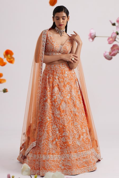 Shop_Vaishali Agarwal_Orange Dupatta Tulle, Lehenga And Blouse Raw Silk Floral, Embroidered Set _Online_at_Aza_Fashions