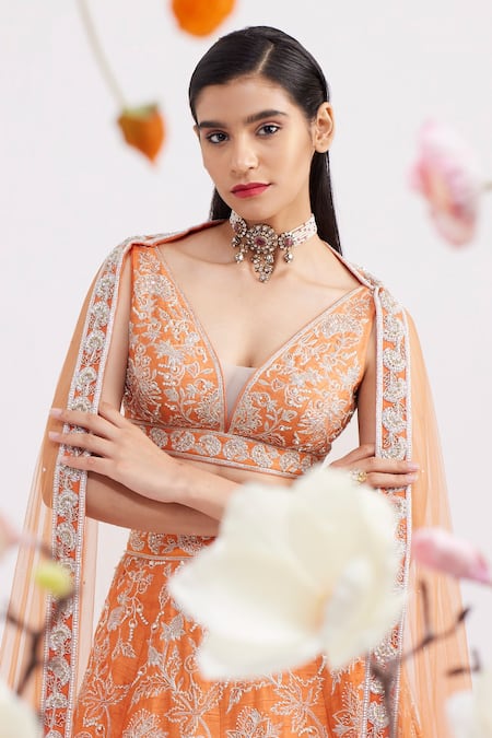 Vaishali Agarwal_Orange Dupatta Tulle, Lehenga And Blouse Raw Silk Floral, Embroidered Set _at_Aza_Fashions
