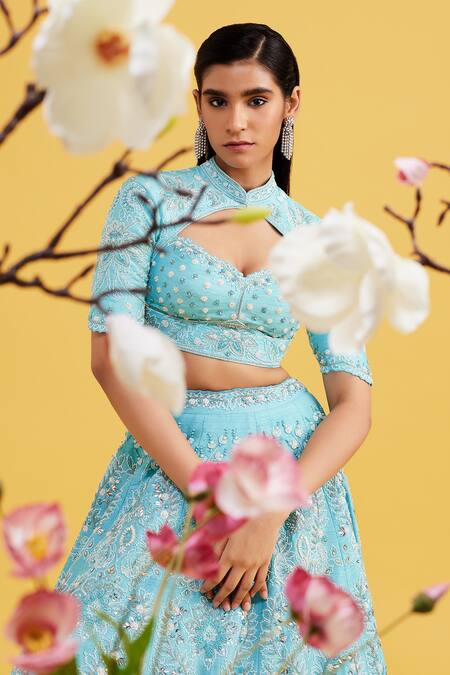 Vaishali Agarwal_Blue Raw Silk, Dupatta Organza Pearl, Wildflower Embroidered Bridal Lehenga Set _Online_at_Aza_Fashions