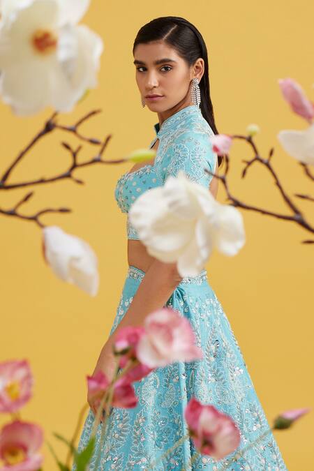 Buy_Vaishali Agarwal_Blue Raw Silk, Dupatta Organza Pearl, Wildflower Embroidered Bridal Lehenga Set _Online_at_Aza_Fashions